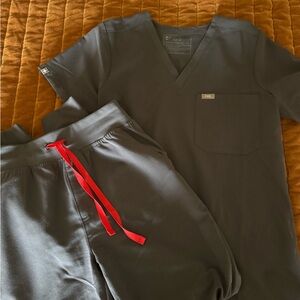 Figs Charcoal Scrub Top and Pants with Red Drawstring